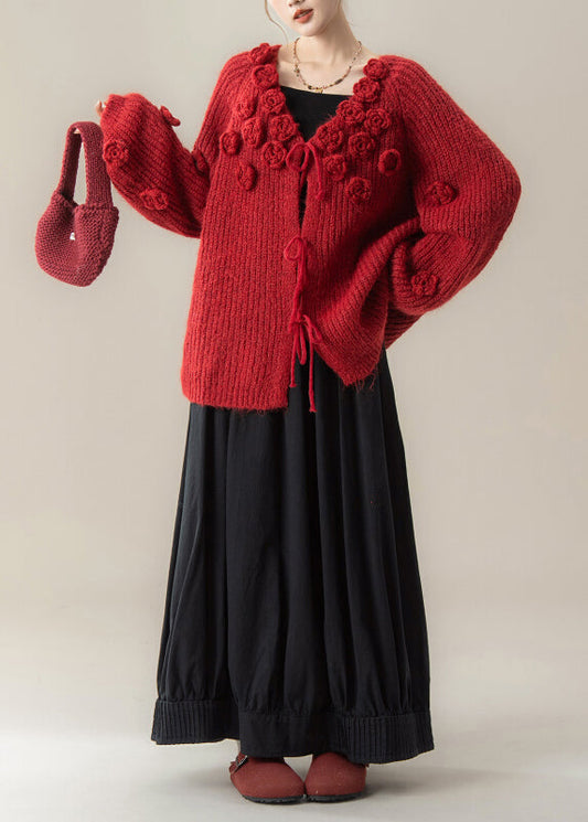 Fashion Red V Neck Floral Knit Sweaters And Skirts Two Piece Set Winter