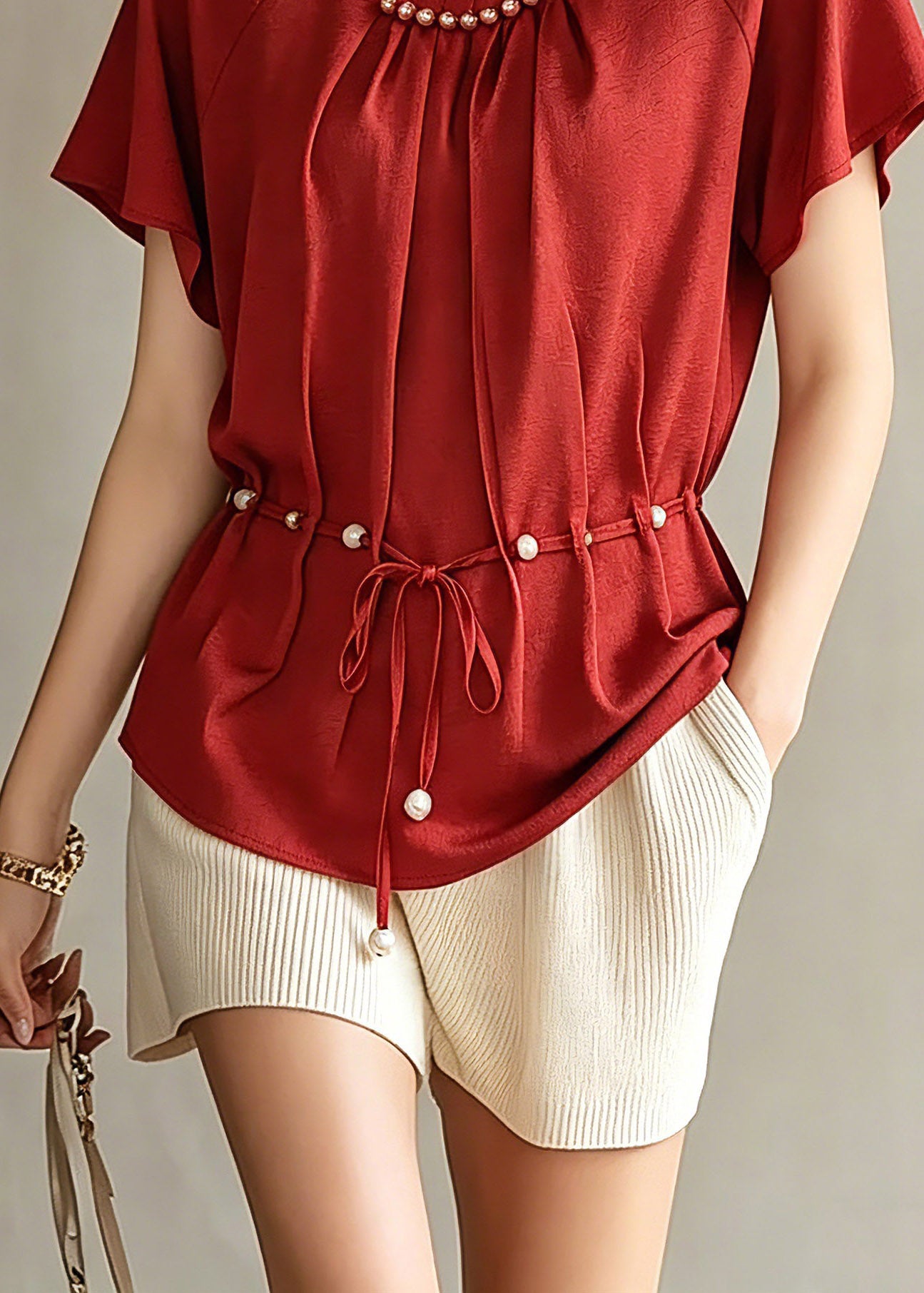 Fashion Red Wrinkled Tie Waist Chiffon Top Short Sleeve