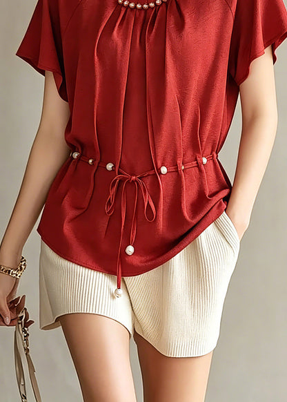 Fashion Red Wrinkled Tie Waist Chiffon Top Short Sleeve