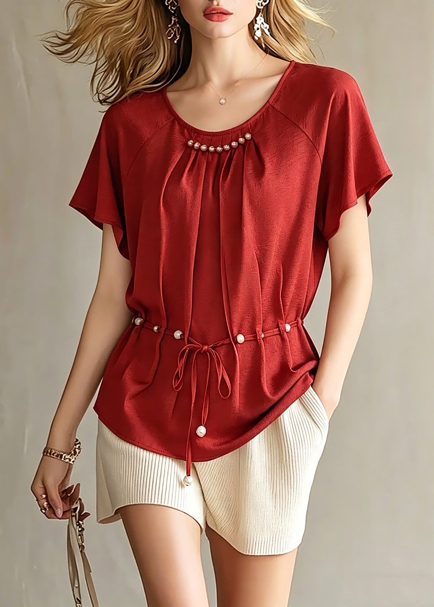 Fashion Red Wrinkled Tie Waist Chiffon Top Short Sleeve