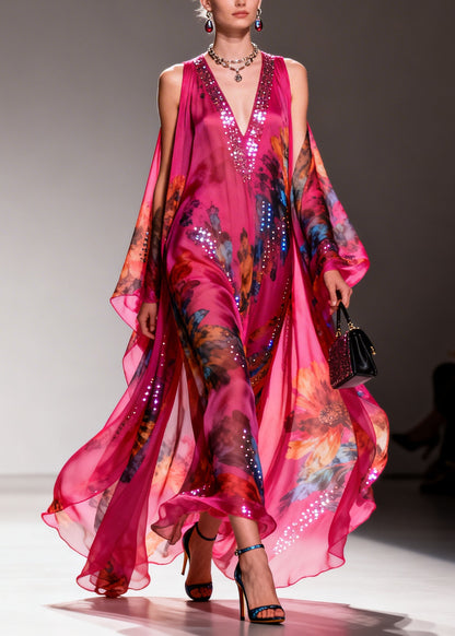 Fashion Rose Cold Shoulder Zircon Print Chiffon Long Dress Summer
