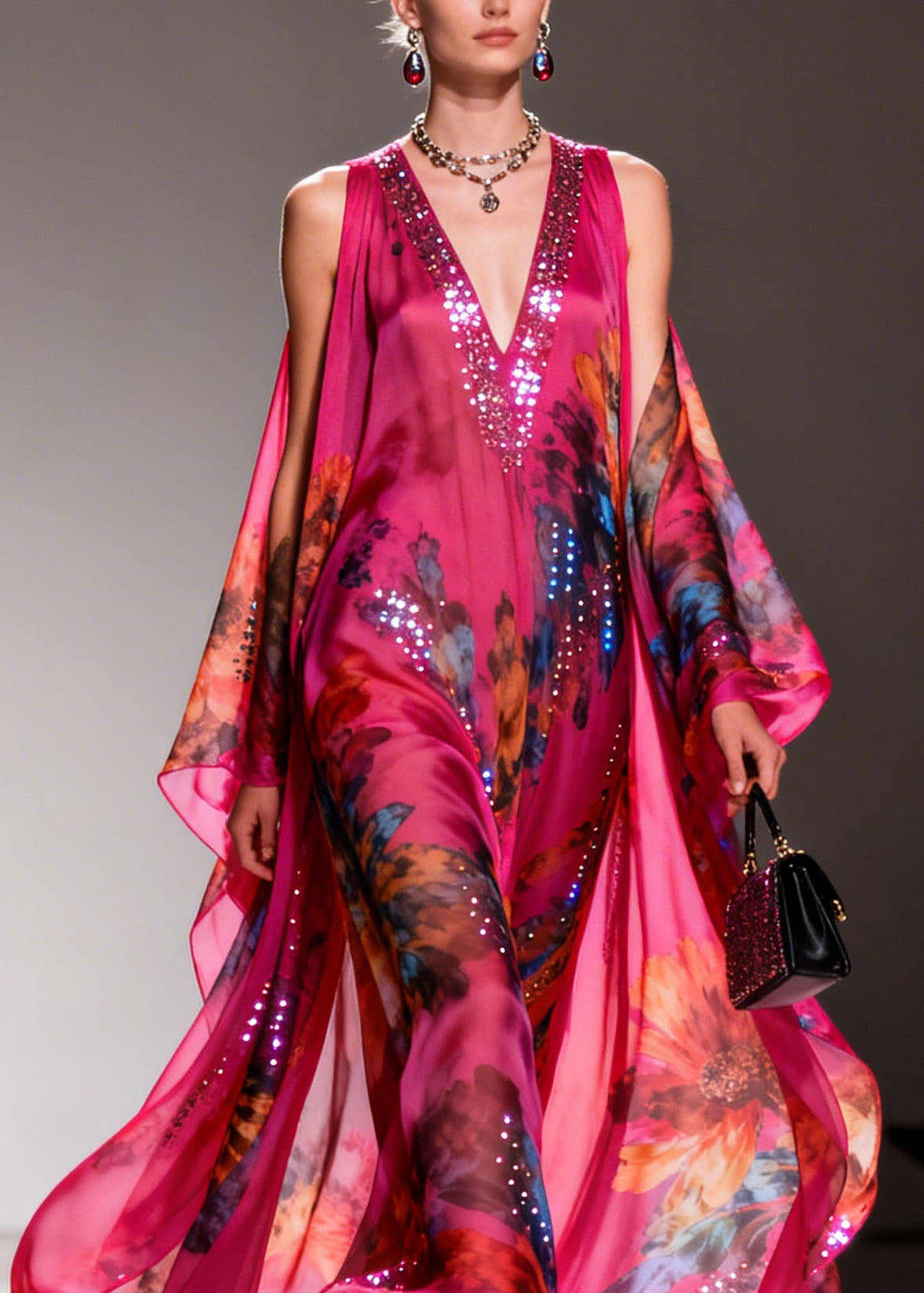 Fashion Rose Cold Shoulder Zircon Print Chiffon Long Dress Summer