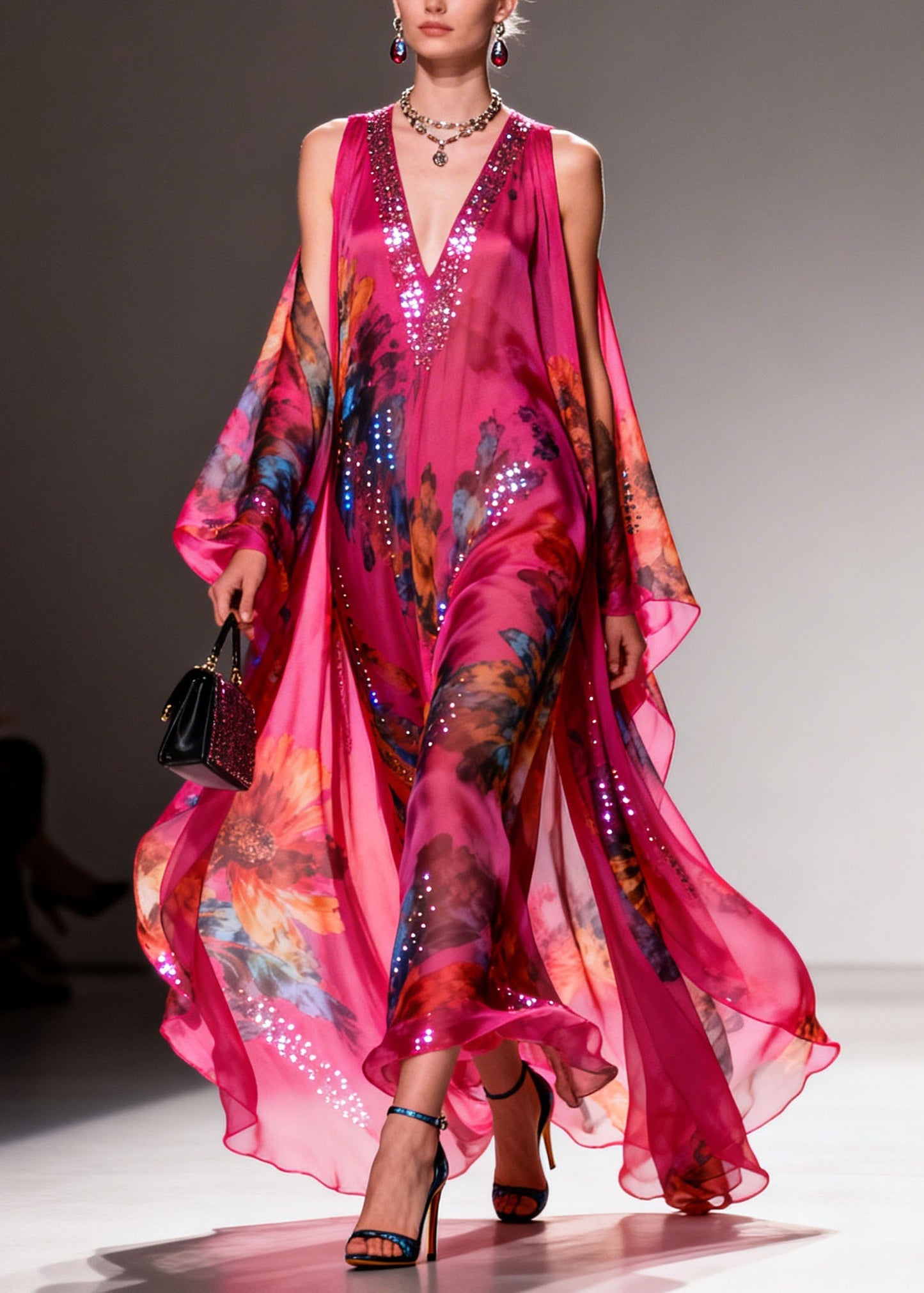 Fashion Rose Cold Shoulder Zircon Print Chiffon Long Dress Summer