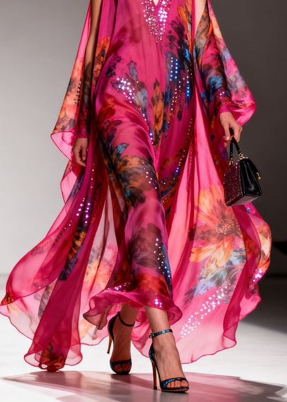 Fashion Rose Cold Shoulder Zircon Print Chiffon Long Dress Summer