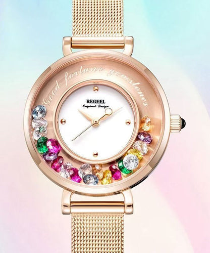 Fashion Rose Gold Stainless Steel Zircon Quartz Movement Crystal Mirror Watches