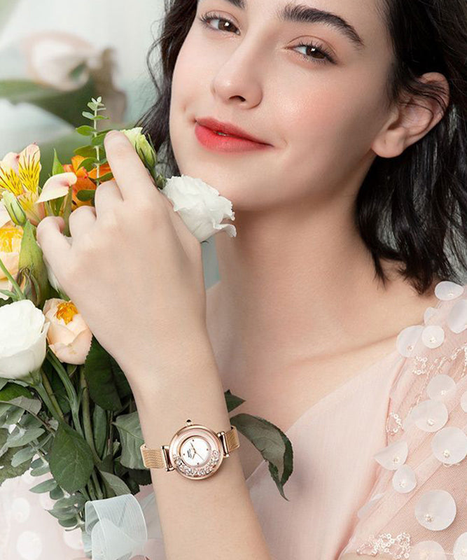 Fashion Rose Gold Stainless Steel Zircon Quartz Movement Crystal Mirror Watches