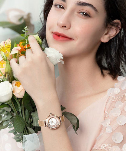 Fashion Rose Gold Stainless Steel Zircon Quartz Movement Crystal Mirror Watches