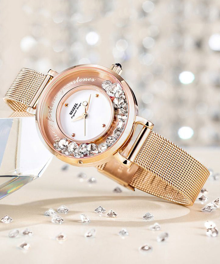 Fashion Rose Gold Stainless Steel Zircon Quartz Movement Crystal Mirror Watches