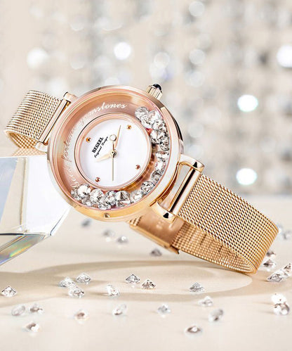 Fashion Rose Gold Stainless Steel Zircon Quartz Movement Crystal Mirror Watches