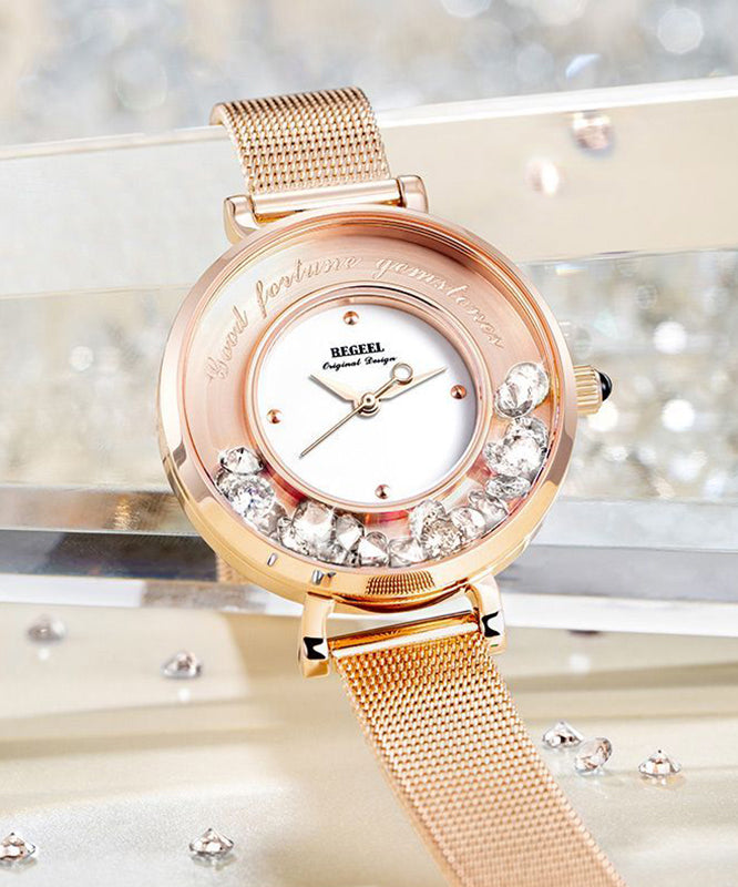 Fashion Rose Gold Stainless Steel Zircon Quartz Movement Crystal Mirror Watches