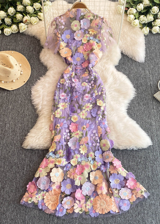 Fashion Rose O-Neck Flattering Tulle Maxi Dresses Summer