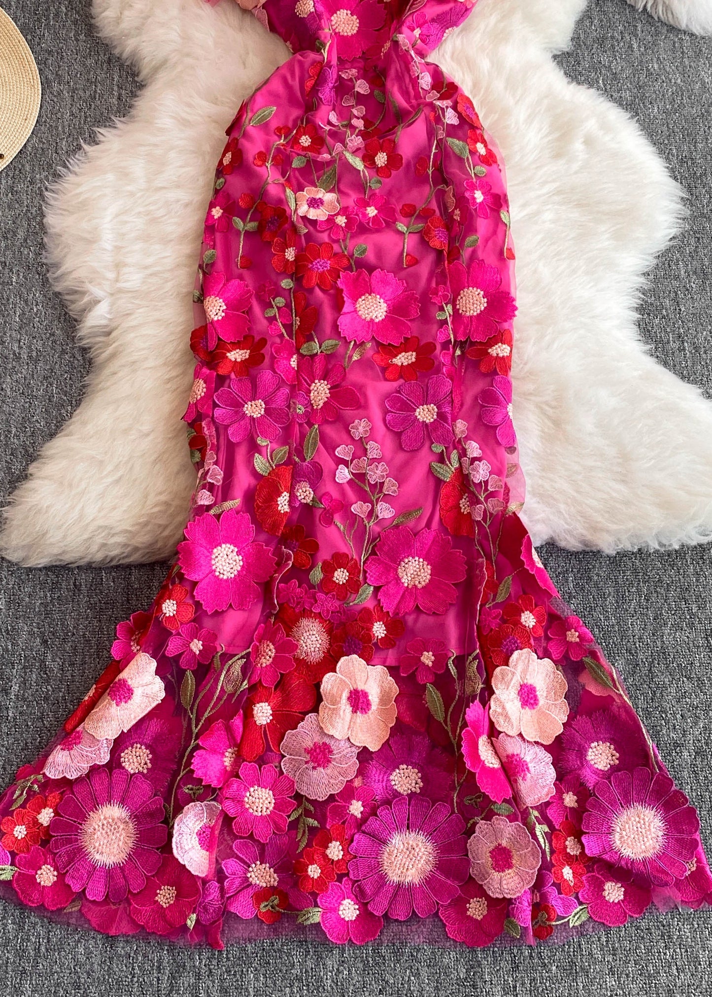 Fashion Rose O-Neck Flattering Tulle Maxi Dresses Summer