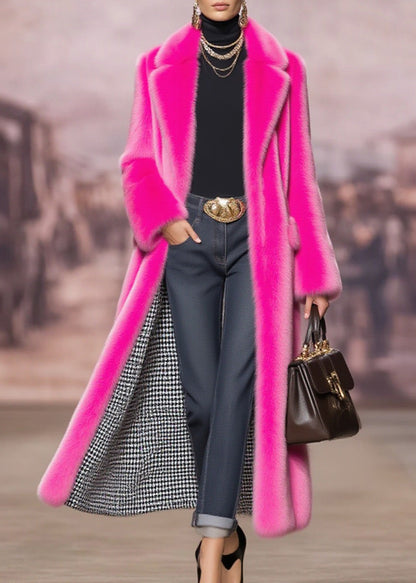 Fashion Rose Peter Pan Collar Pockets Faux Fur Coat Winter