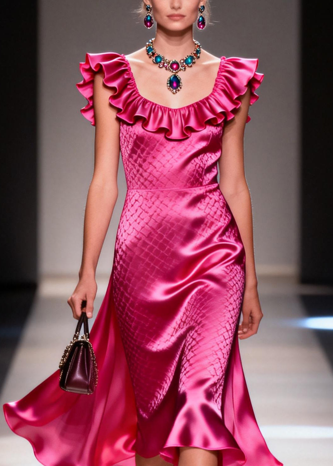 Fashion Rose Ruffled Patchwork Silk Holiday Dress Summer