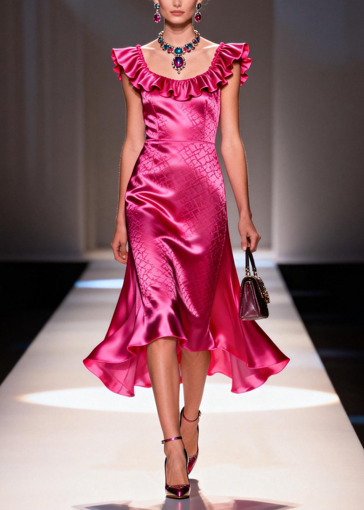 Fashion Rose U Neck Ruffled Patchwork Silk Dress Summer