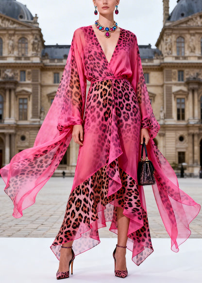 Fashion Rose V Neck Asymmetrical Design Leopard Print Chiffon Dress Summer
