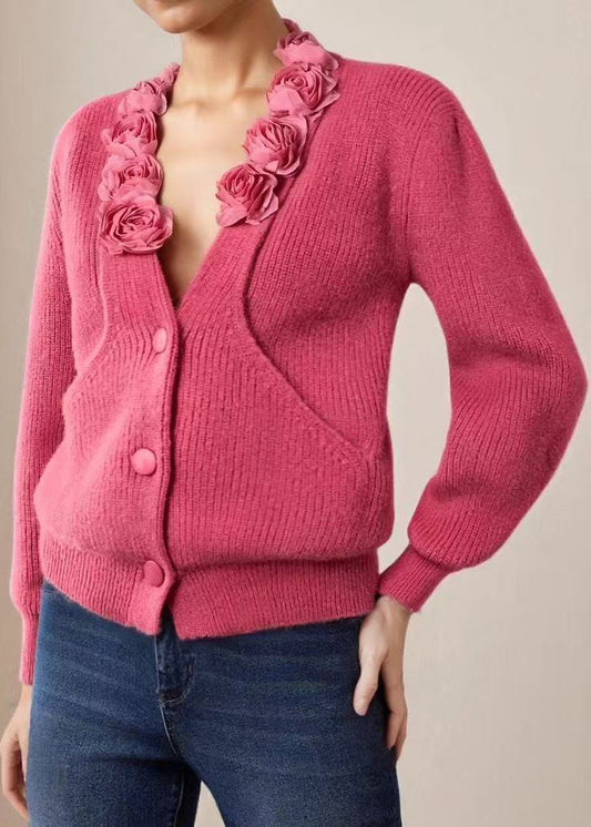Fashion Rose V Neck Floral Knit Cardigan Long Sleeve
