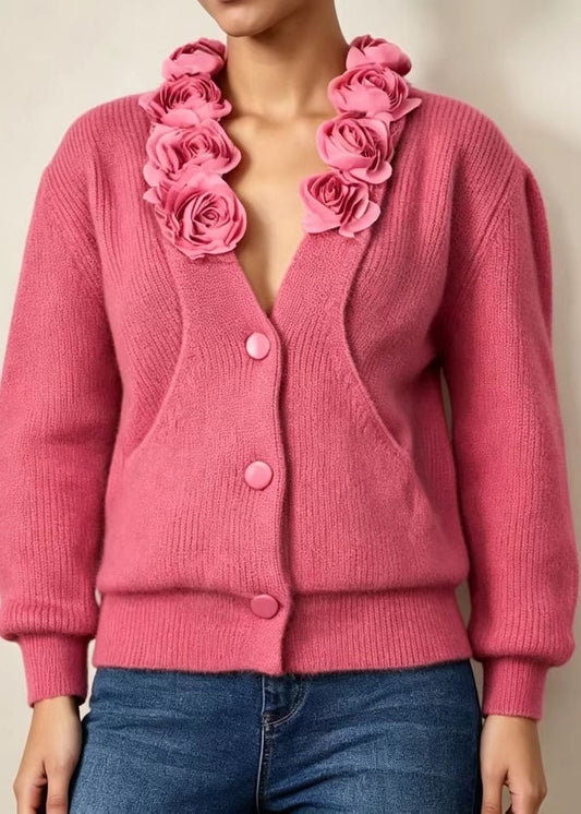 Fashion Rose V Neck Floral Knit Cardigan Long Sleeve