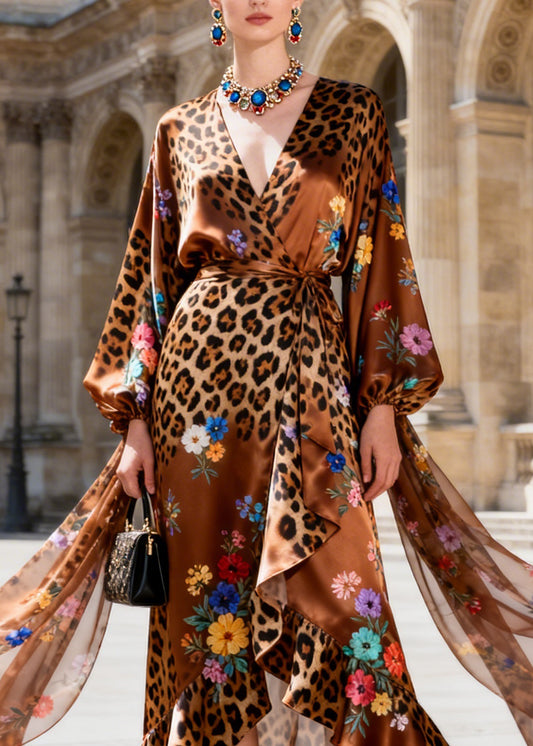 Fashion Ruffled Asymmetrical Design Print Chiffon Dress Long Sleeve