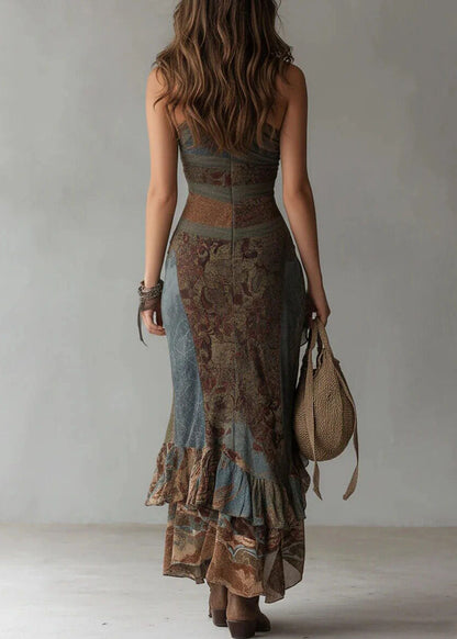 Fashion Ruffled Asymmetrical Print Vacation Dress Summer