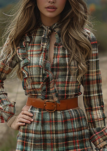 Fashion Ruffled Plaid Pastoral Style Long Sleeve Mini Dress
