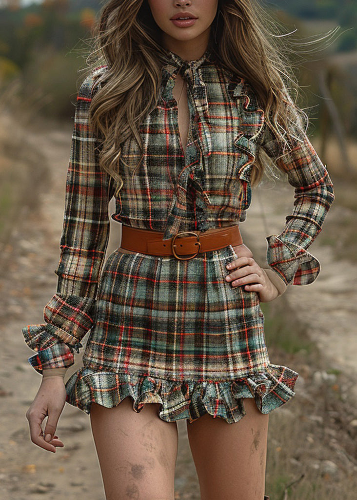 Fashion Ruffled Plaid Pastoral Style Long Sleeve Mini Dress