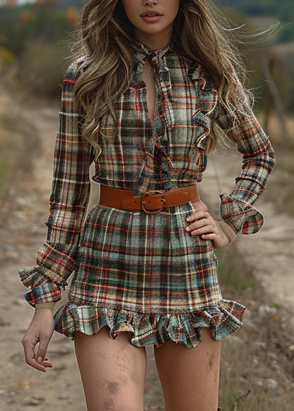 Fashion Ruffled Plaid Pastoral Style Long Sleeve Mini Dress