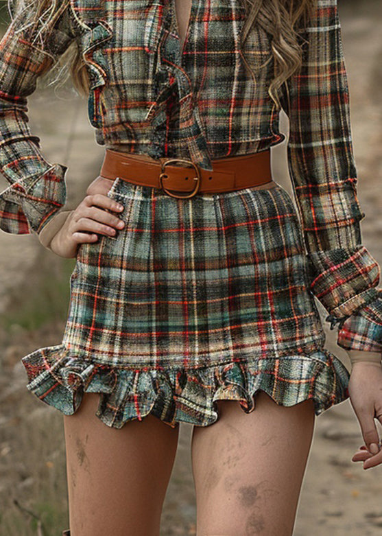 Fashion Ruffled Plaid Pastoral Style Long Sleeve Mini Dress