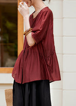 Load image into Gallery viewer, Fashion Rust Lace Patchwork Button Silk Shirt Summer