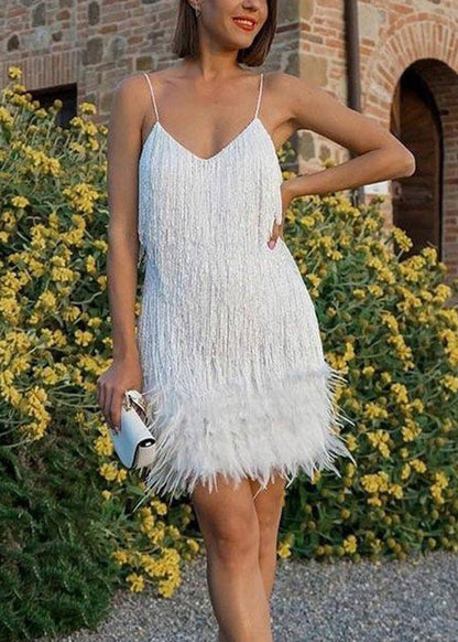 Fashion Sexy Pink V-Neck Tassel Sequin Feather Patchwork Suspender Dress