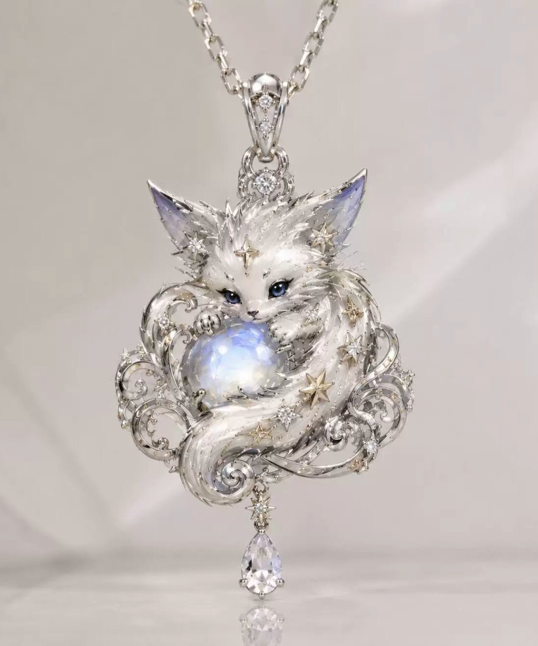 Fashion Silk Alloy Zircon Nine-Tailed Fox Pendant Necklace