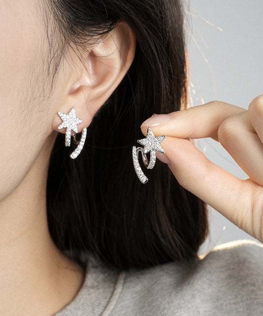 Fashion Silk Sterling Silver Zircon Pentagram Stud Earrings