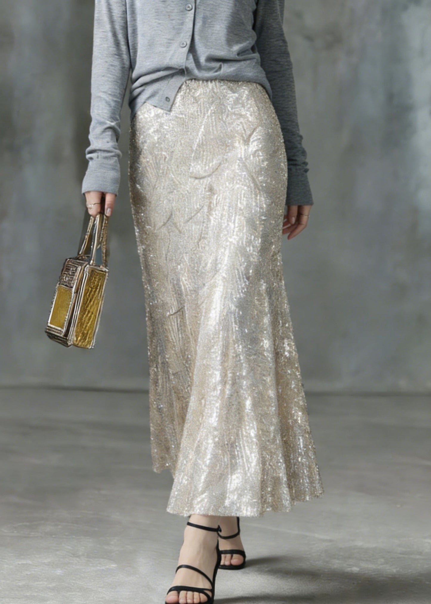 Fashion Silver High Waist Sequins A Line Skirt
