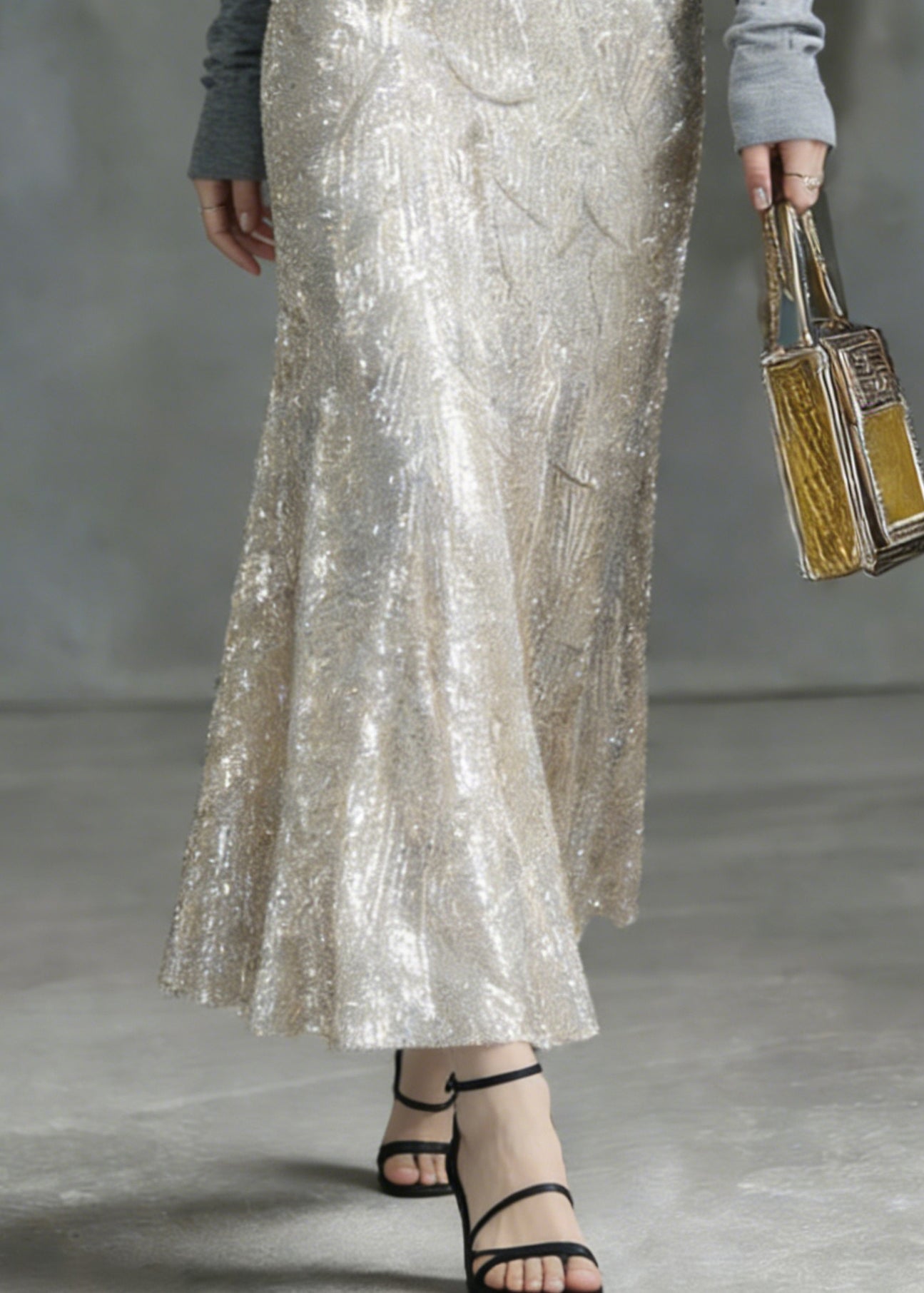 Fashion Silver High Waist Sequins A Line Skirt