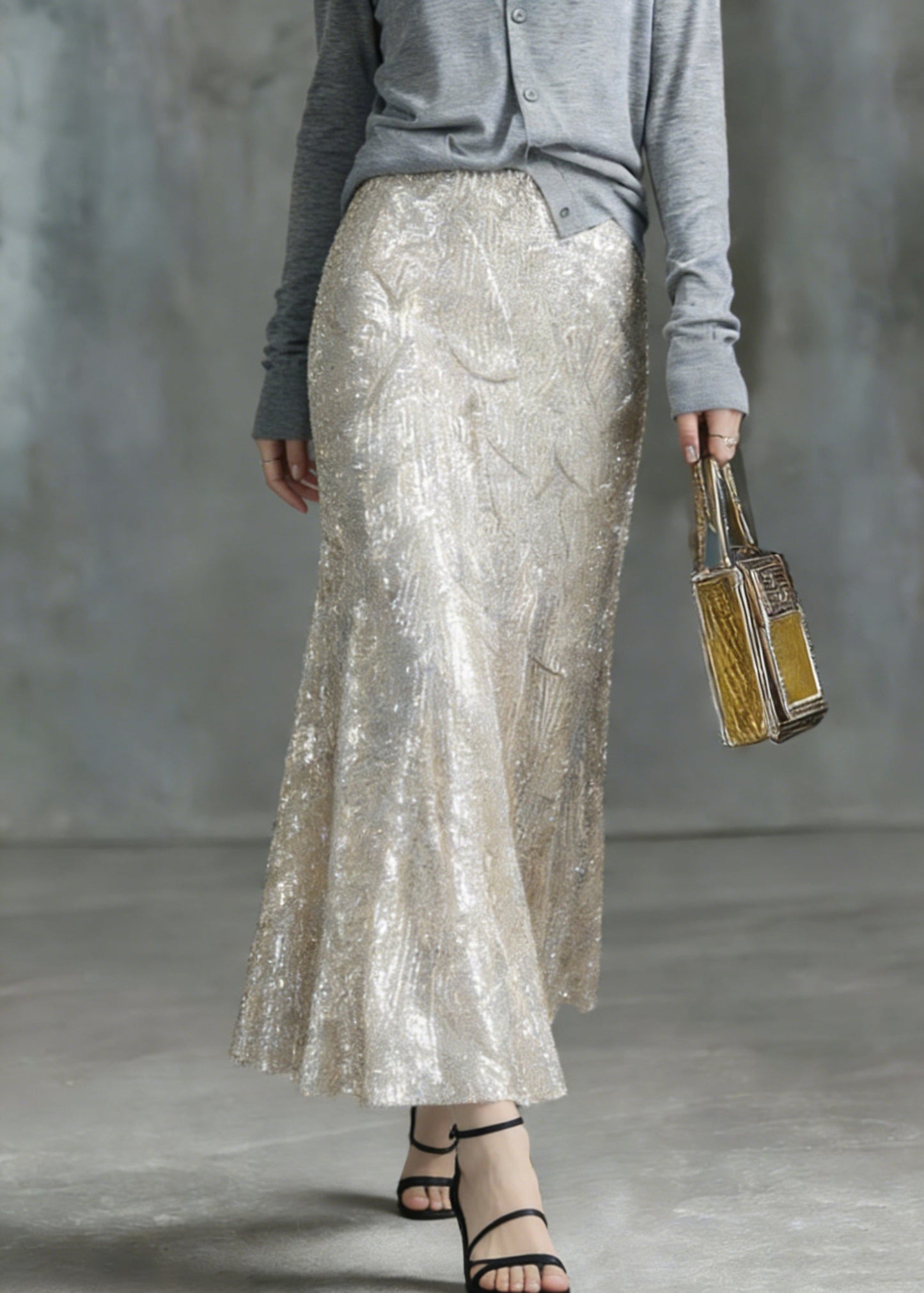 Fashion Silver High Waist Sequins A Line Skirt