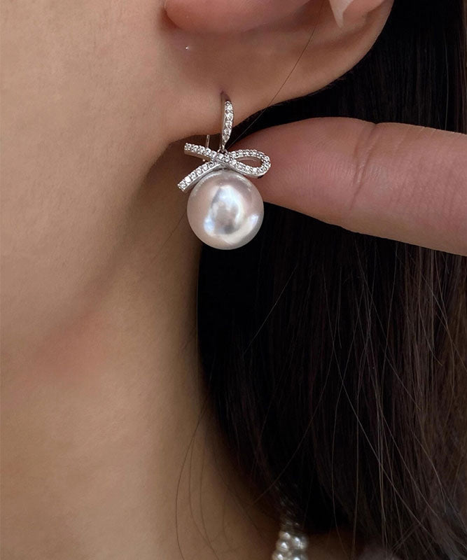 Fashion Silver Zircon Bow Pearl Silver Drop Earrings