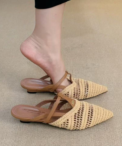 Fashion Splicing Apricot Sheepskin Slide Sandals Pointed Toe