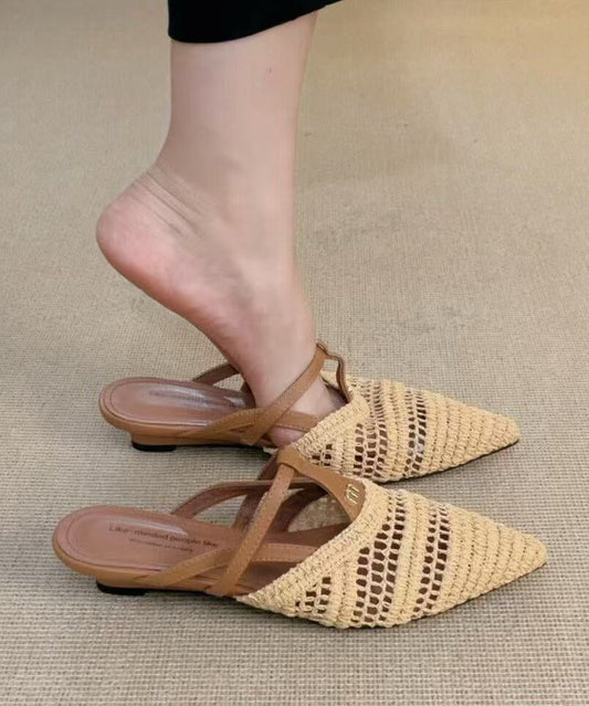 Fashion Splicing Apricot Sheepskin Slide Sandals Pointed Toe