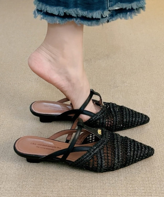 Fashion Splicing Apricot Sheepskin Slide Sandals Pointed Toe