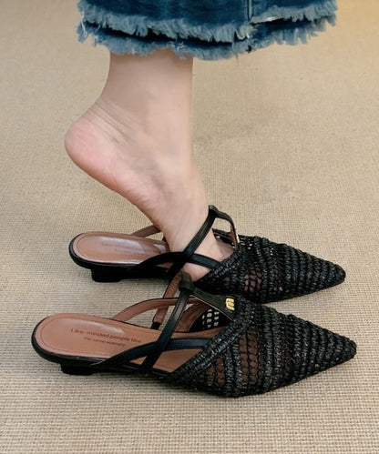Fashion Splicing Apricot Sheepskin Slide Sandals Pointed Toe