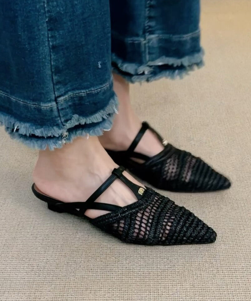 Fashion Splicing Apricot Sheepskin Slide Sandals Pointed Toe