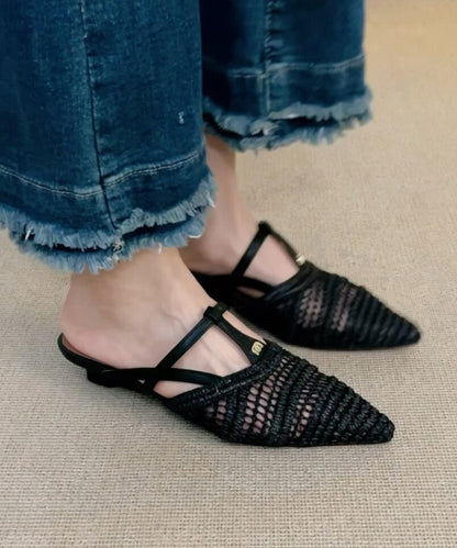 Fashion Splicing Apricot Sheepskin Slide Sandals Pointed Toe