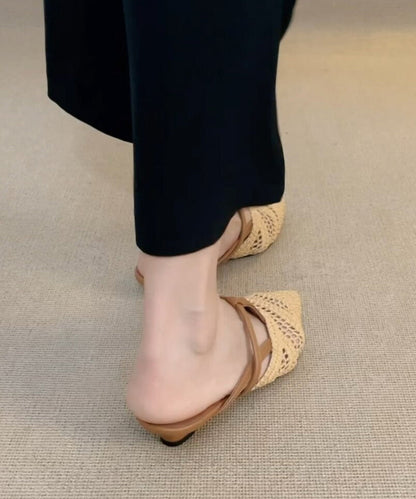 Fashion Splicing Apricot Sheepskin Slide Sandals Pointed Toe