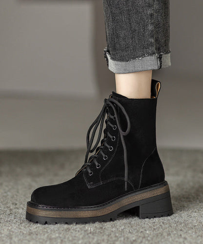 Fashion Splicing Chunky Boots Brown Suede Lace Up