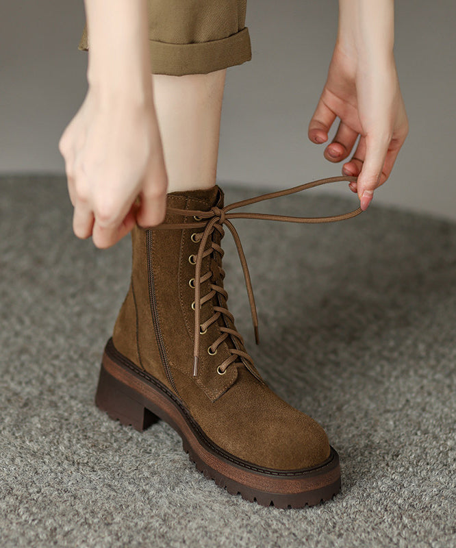 Fashion Splicing Chunky Boots Brown Suede Lace Up