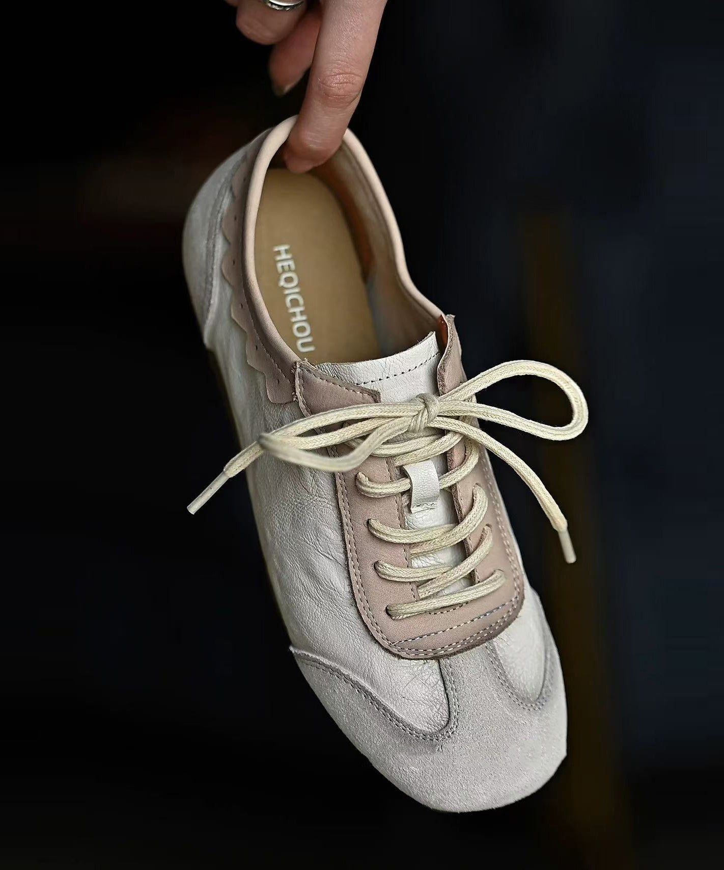 Fashion Splicing Flat Shoes For Women Beige Cowhide Leather