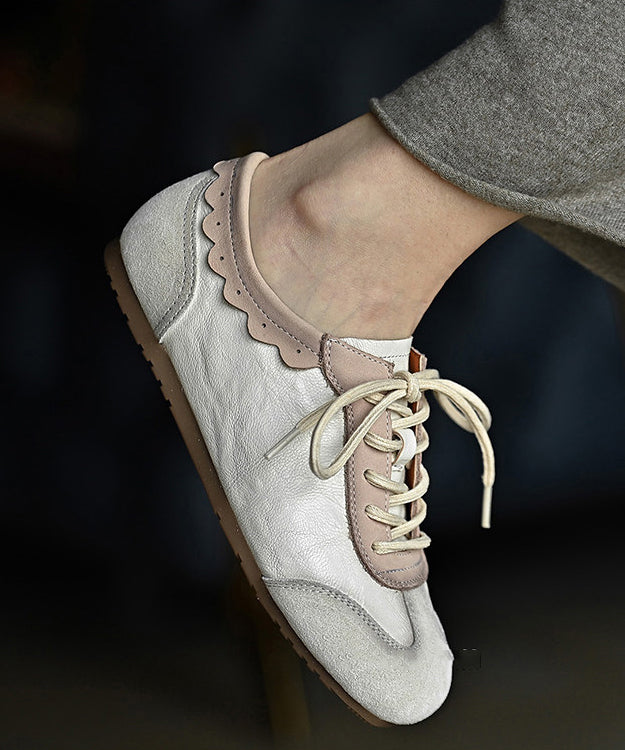 Fashion Splicing Flat Shoes For Women Beige Cowhide Leather