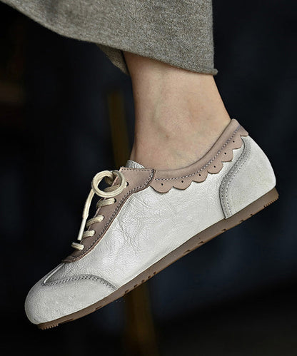 Fashion Splicing Flat Shoes For Women Beige Cowhide Leather