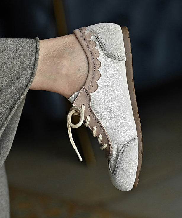 Fashion Splicing Flat Shoes For Women Beige Cowhide Leather