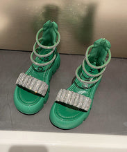 Load image into Gallery viewer, Fashion Splicing Zircon Platform Sandals Green Faux Leather